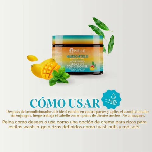 Vista 6 de Mielle Organics Mango & Tulsi Acondicionador nutritivo sin enjuague para cabello rizado, acondicionador hidratante sin enjuague con protección