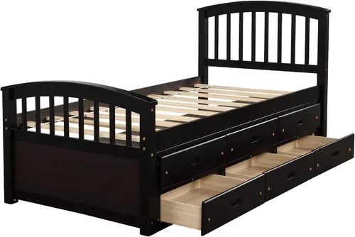 Vista 5 de Cama de almacenamiento de capitán de madera de tamaño individual con 6 cajones, muebles de dormitorio para niños (expreso)