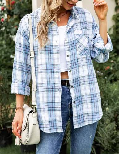 Vista 5 de Megfie Camisa de franela de gran tamaño para mujer, camisa de franela suave con botones y manga larga enrollable, camisa a cuadros para mujer