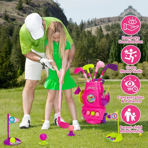 Vista 3 de AugToy Juego de golf para niños pequeños, palos de golf mejorados con 4 pelotas, 2 agujeros de práctica y 1 tapete de putt, juguetes deportivos