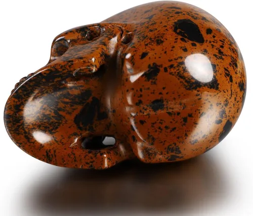 Vista 6 de Skullis Calavera de cristal de obsidiana de caoba de 3.0 pulgadas. Escultura de arte fino de piedra preciosa tallada a mano, estatua de piedra