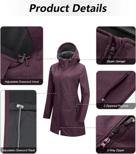Vista 3 de 33,000ft Chaqueta impermeable Softshell larga para mujer con capucha forro polar cortavientos cortavientos
