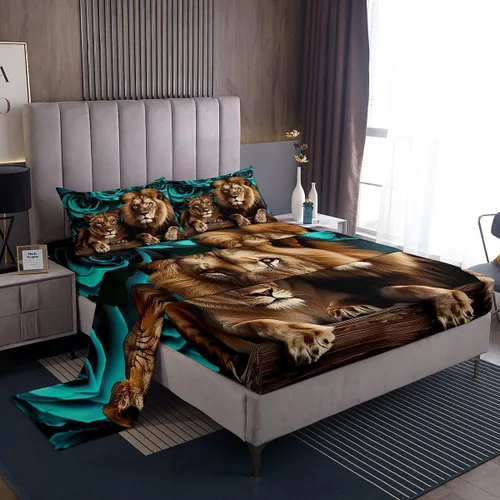 Vista 34 de Erosebridal Sábanas de cama de guepardo con rosa roja, juego de sábanas de bolsillo profundo con estampado de leopardo y gato, sábana bajera