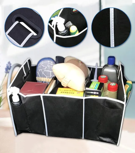 Vista 3 de Organizador de maletero de automóvil, negro, 3 secciones grandes de almacenamiento, almacena tus suministros de limpieza, equipo de emergencia
