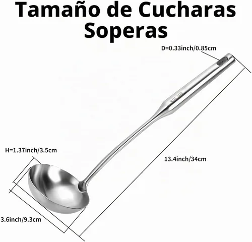 Vista 2 de TBWHL Cucharón de Sopa de Metal 34 cm de Acero Inoxidable 304 con Mango Largo - Cucharón de Cocina Profesional con Mango Ergonómico y Equilibrio