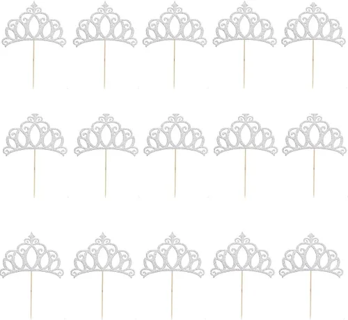 Vista 3 de JANOU Tiara - Juego de 20 piezas para decoración de tartas plateadas con purpurina para bodas, cumpleaños, baby shower, fiestas, 20