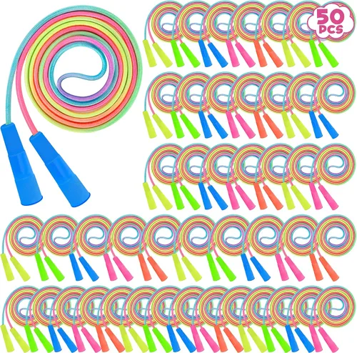 Vista 8 de ZATAYE Paquete de 6 cuerdas de saltar para niños, coloridas cuerdas de saltar de nailon degradado para niños, longitud ajustable de 7.55 pies, asas