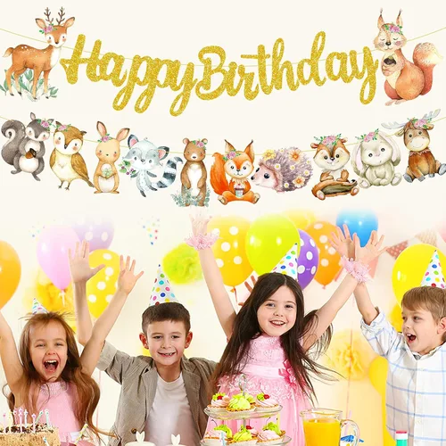 Vista 8 de Cartel de feliz cumpleaños de animales del bosque, decoraciones de criaturas del bosque, 2 piezas de pancartas recortadas de animales del bosque