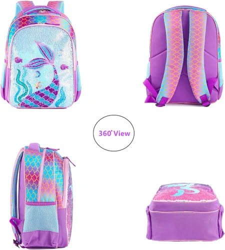 Vista 2 de Mochila escolar de lentejuelas ligera para niños pequeños con bolsa de almuerzo para preescolar jardín de infantes y primaria, Sirena con bolsa