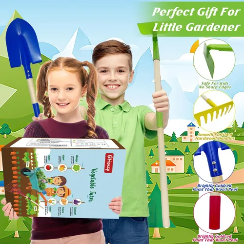 Vista 6 de Qtioucp - Juego de herramientas de jardinería para niños, juguetes al aire libre, juego de patio trasero con carretilla, juguetes educativos STEM