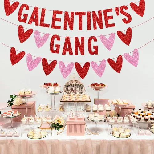 Vista 7 de 3 piezas de decoración del día de los galentinos, pancarta con purpurina de la banda de Galentine con guirnalda de corazón de amor, decoración