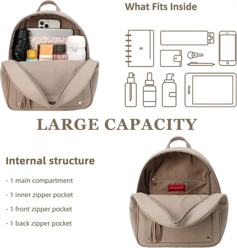 Vista 3 de Mini mochila antirrobo para mujer, bonita mochila escolar para adolescentes y niñas con cremallera segura y borla, Caqui, Mochilas de viaje