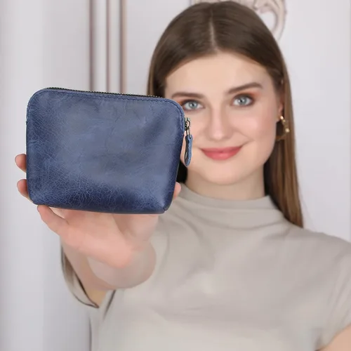 Vista 9 de Bolsas de Cosméticos de Cuero Azul Para Mujeres Juego de Viaje – Monedero con Cremallera Hecho a Mano Juego de Bolsas de Maquillaje Azul Pequeñas