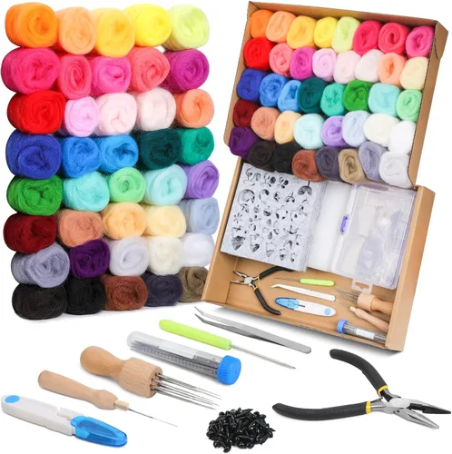 Vista 9 de Kit de fieltro con aguja Mayboos, juego de lana mecha de 20 colores, kit de fieltro de lana con moldes de fieltro y caja de almacenamiento portátil