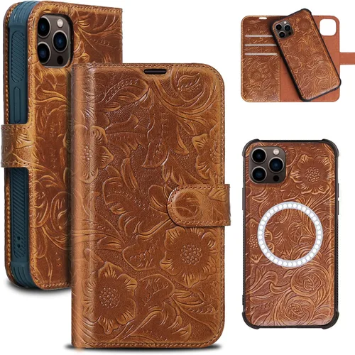Vista 36 de Funda de cuero compatible con iPhone 16 Pro Max Cartera 6.9", cuero genuino 2 en 1, magnética, desmontable, a prueba de golpes, funda tipo folio