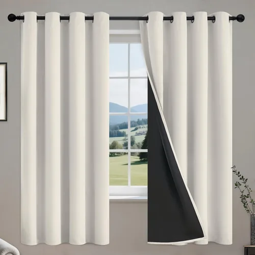 Vista 21 de COSVIYA Cortinas opacas 100% beige Biscotti para dormitorio, juego de 2 paneles de 63 pulgadas de largo, bloqueo de luz completa, aislamiento
