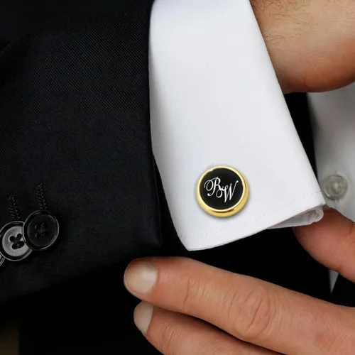 Vista 2 de Gemelos negros y dorados - Gemelos con inicial grabada - Gemelos de boda - Novio, padrino de boda, papá, padre regalo de boda personalizado