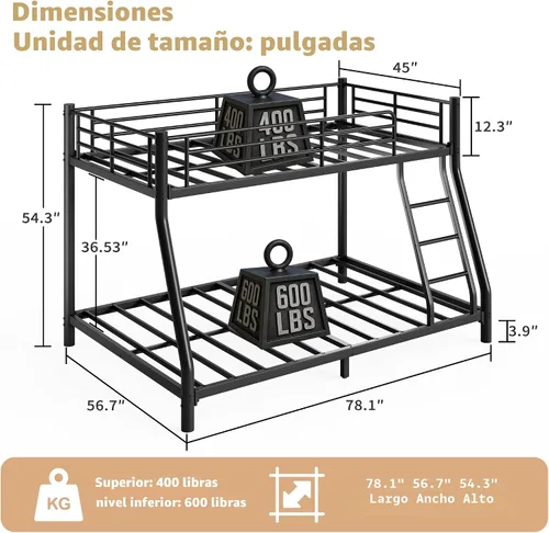 Vista 10 de Litera de metal de tamaño individual sobre matrimonial para adultos y niños, literas de perfil bajo con barandilla de longitud y escalera,