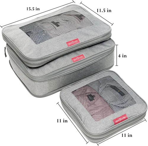 Vista 4 de LeanTravel Juego de 3 cubos de compresión para viajes color gris doble cremallera