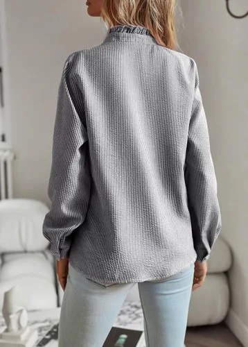 Vista 5 de chouyatou Blusa de manga larga para mujer, casual, holgada, con botones, con volantes