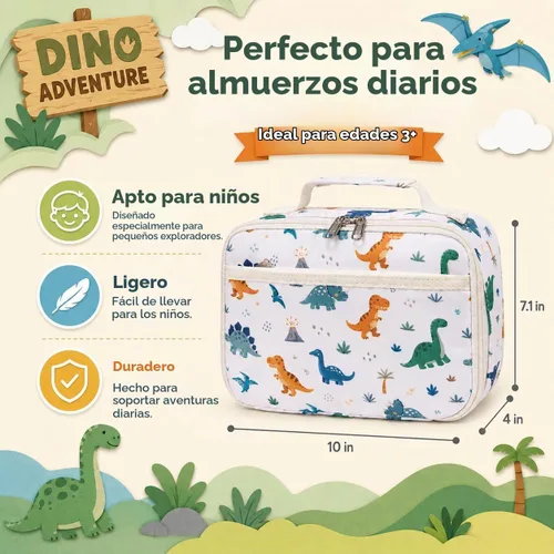 Vista 6 de LOIDOU Lonchera para niños y niñas, bolsa térmica con aislamiento térmico y reutilizable, para viajes escolares (dinosaurio)