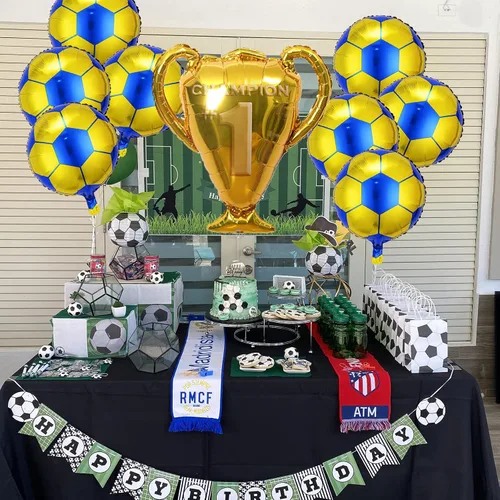 Vista 5 de Juego de 6 globos de fiesta de fútbol, globo de trofeo de campeonato y globos de aluminio de fútbol amarillo azul para cumpleaños, baby shower