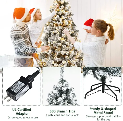 Vista 6 de HAPPYGRILL Árbol de Navidad preiluminado de 6 pies, agujas de PVC de alta calidad, 600 puntas de rama, pino flocado con bisagras de nieve
