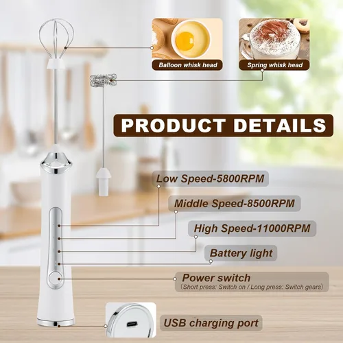 Vista 4 de Espumador de leche manual eléctrico con 2 cabezas, batidor de café con espuma USB recargable de 3 velocidades, licuadora de espuma para café