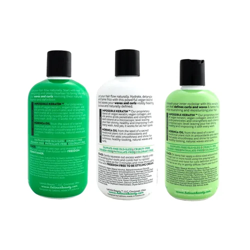 Vista 2 de LatinUs Beauty, FREEDOM Impossible Keratin, Colección para cabello: Shampoo + Acondicionador + Crema para Peinar con Moringa