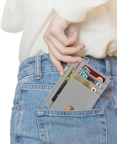 Vista 4 de Cartera delgada de bolsillo, bloqueo RFID, cartera con tarjetero con grillete en D y llavero desmontable para mujer, A-gris, Moda