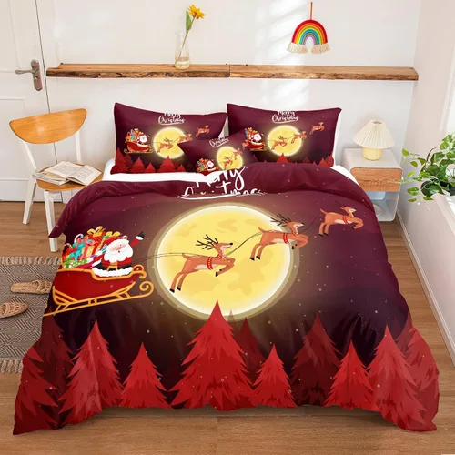 Vista 24 de Juego de ropa de cama de Navidad con funda de edredón de copos de nieve, color blanco y rojo, con estampado navideño, juego de ropa de cama festiva