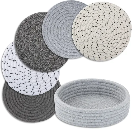 Vista 12 de Salvamanteles para platos calientes, ollas y sartenes, almohadillas calientes con cesta de almacenamiento, soportes para ollas para cocina, tapete