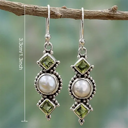 Vista 2 de ANDPAI Aretes colgantes únicos bohemios, ligeros, vintage, retro, plateado, verde, con barra de cristal, para mujeres y niñas, hipoalergénicos