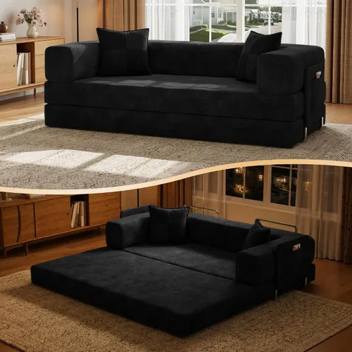 Vista 12 de MoonSpeak Sofá cama de 78.8 pulgadas para sala de estar, sofá modular convertible con almohada para reposabrazos, sofás modulares plegables de pana