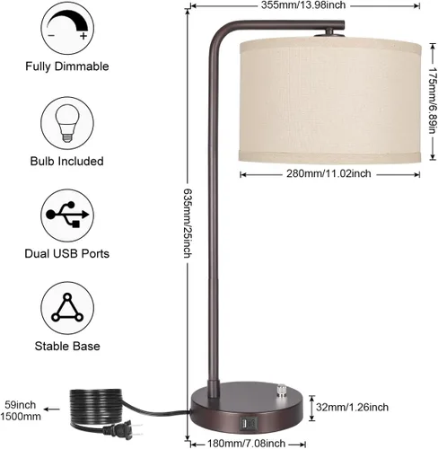 Vista 3 de Juego de 2 lámparas de mesa, lámpara de mesita de noche completamente regulable con puertos de carga USB C+A, lámparas modernas de noche