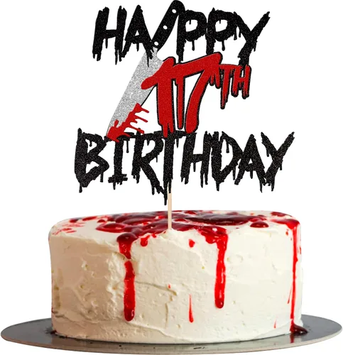 Vista 8 de 1 pieza de decoración de pastel de cumpleaños con purpurina montada con purpurina clásica de Halloween para torta de terror sangrienta temática