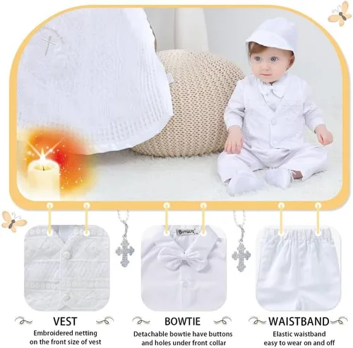 Vista 3 de Booulfi Trajes de bautizo para bautizo, ropa para niños, 5 piezas, trajes blancos