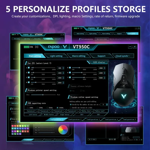 Vista 3 de Rapoo Ratón inalámbrico para juegos, 5000 DPI con cableinalámbrico RGB Gamer Mouse con 11 botones programables Tienda de 5 perfiles, ratones