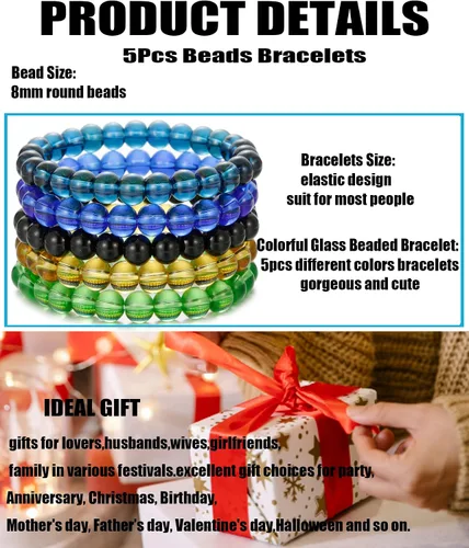 Vista 2 de BOMAIL 5 pulseras elásticas de cuentas de 0.315in, hechas a mano, redondas, de cristal, para mujeres, multicolor, mate, pulsera elástica, regalos
