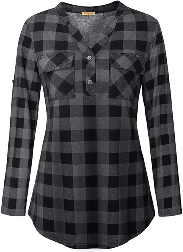 Vista 2 de BAIKEA Camisa de manga larga enrollada con cuello de muesca para mujer, con botones