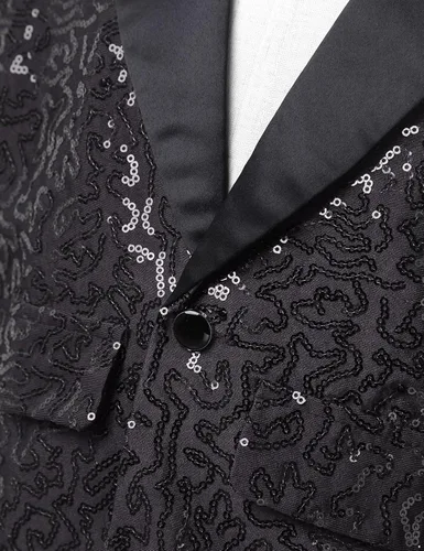 Vista 6 de Kids Boys Shiny Sequins Suit Jacket Wedding Pageant Formal Tuxedo Long Sleeve Coat Party Dance Costumes Negro