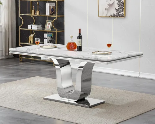 Vista 28 de Mesa de comedor de mármol negro para 4, 6, 70 pulgadas, moderna mesa de comedor de cocina dorada con base de acero inoxidable con diseño