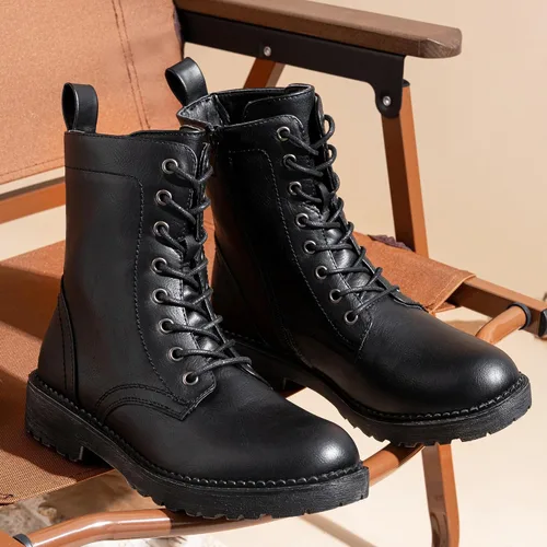 Vista 7 de Vepose Botas militares de combate para mujer, botas planas de tobillo en negro, con cremallera interior, estilo 925 Flat Short Round Toe Boots, Side