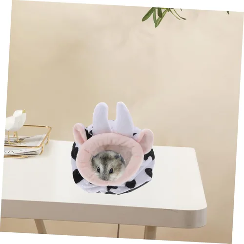 Vista 7 de VILLCASE Hámster de algodón para mascotas, acogedor escondite para conejillos de indias, cama de algodón cálida y adorable con estampado de vaca