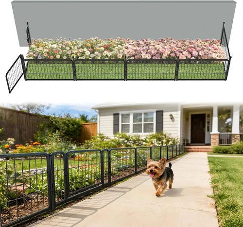 Vista 86 de FXW Valla de jardín al aire libre para el patio, 17 pulgadas de alto x 29.3 pies de largo, barrera de metal resistente para animales, para perros
