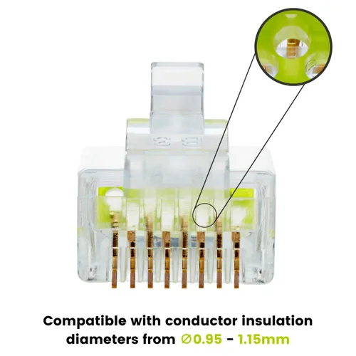 Vista 4 de trueCABLE Conectores RJ45 Cat6/6A, enchufe modular escalonado, sin blindaje (UTP), listado UL, barra de carga, chapado en oro, 3 clavijas 8P8C, 10
