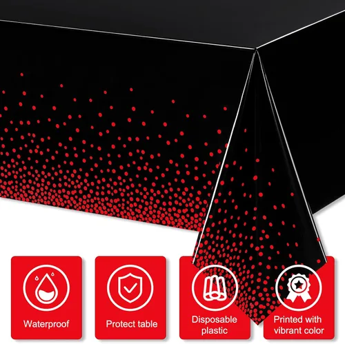 Vista 3 de Mantel desechable de plástico con lunares rojos y negros, 3 Mantel rectangular impermeable de 54 x 108 pulgadas, resistente al aceite