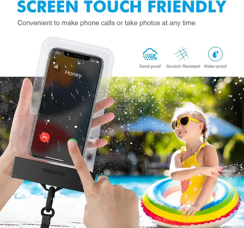 Vista 4 de GRIFEMA Funda impermeable para teléfono, paquete de 2 fundas impermeables para teléfono IPX8, transparente, para pantalla de natación, bolsa