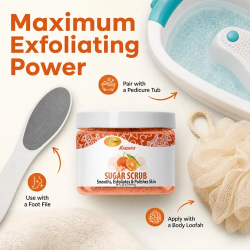 Vista 6 de SPA REDI Exfoliante corporal de azúcar, mandarina, 16 onzas, exfoliante, hidratante, hidratante y nutritiva, brillante, pulido, piel suave y fresca