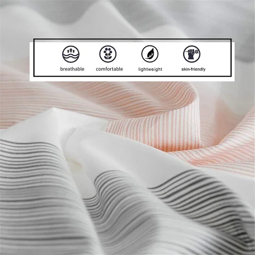 Vista 4 de DREAMINGO - Juego de ropa de cama a rayas de FenDie, color melocotón, blanco y gris, juego de 2 fundas de almohada, funda de edredón de algodón